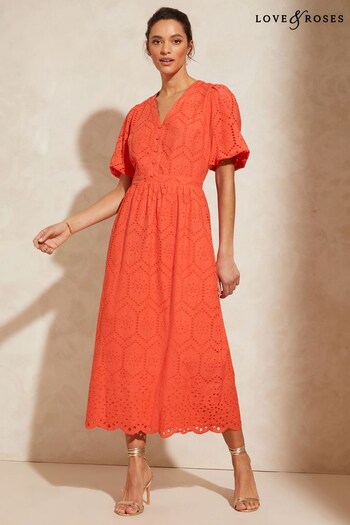 Love & Roses Orange Broderie V Neck Puff Sleeve Midi Dress (K35066) | £31