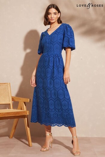 Love & Roses Cobalt Blue Broderie V Neck Puff Sleeve Midi Dress (K35067) | £62