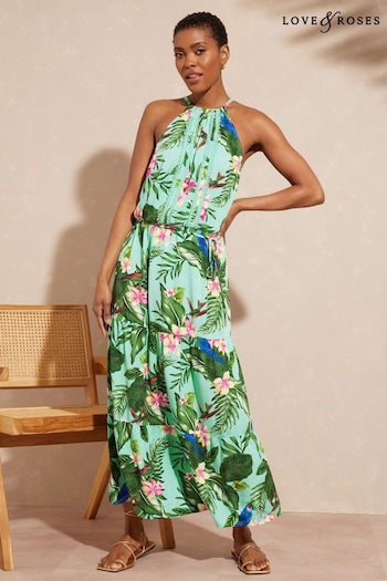 Stationery & Books Green Tropical Printed Lace Trim Halter Belted Tiered Midi Dress (K35110) | £44