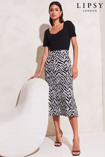 Lipsy Zebra Animal Print Sweetheart Neckline Knitted Midi Dress (K35394) | £58