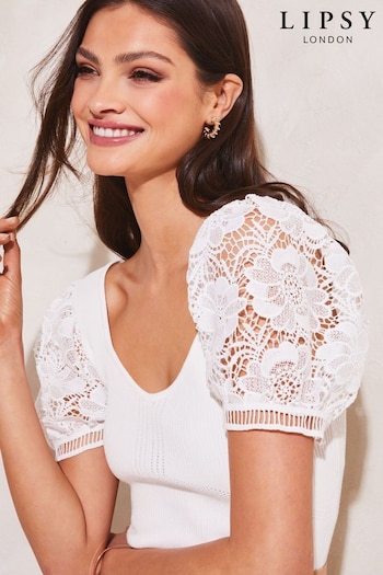 Lipsy Ivory White Broderie Puff Sleeve Knitted Top (K35502) | £36