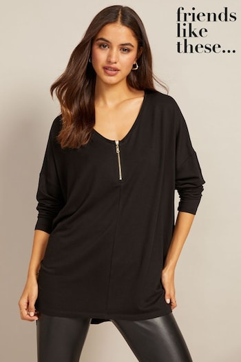 Friends Like These Black Zip Soft Jersey V Neck Long Sleeve Tunic Top (K35623) | £23