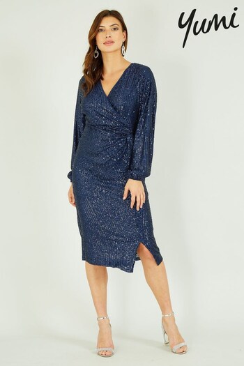 Yumi Navy Blue Sequin Long Sleeve Ruched Wrap Dress (K35926) | £65