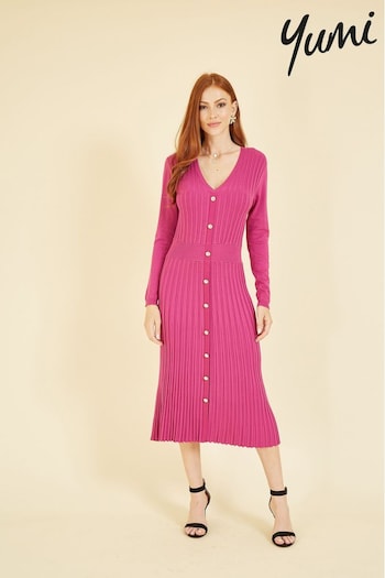 Yumi Pink Knitted Button Down Shirt Dress (K35929) | £75
