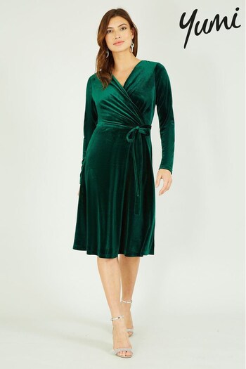Yumi Green Velvet Wrap Dress (K35934) | £65