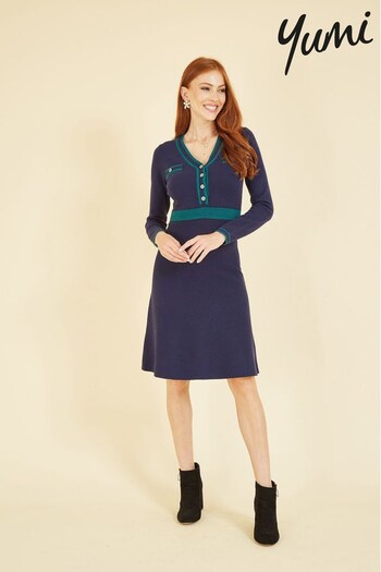Yumi Navy Blue & Green Knitted Dress With Contrast Waistband and Button Detail (K35935) | £60