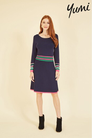 Yumi Navy Blue Knitted Dress With Contrast Stripe Waistband and Cuffs (K35938) | £65
