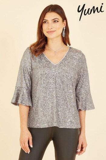 Yumi Silver Sequin Flute Sleeve Top (K35953) | £45