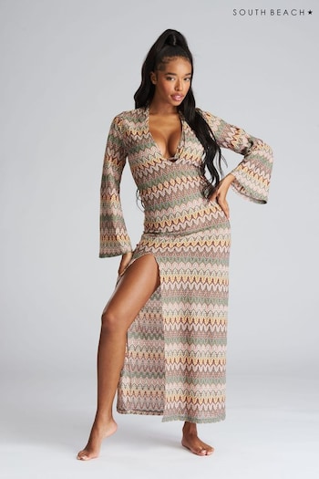South Beach Neutral Multi Crochet Plunge Maxi Dress (K35979) | £40