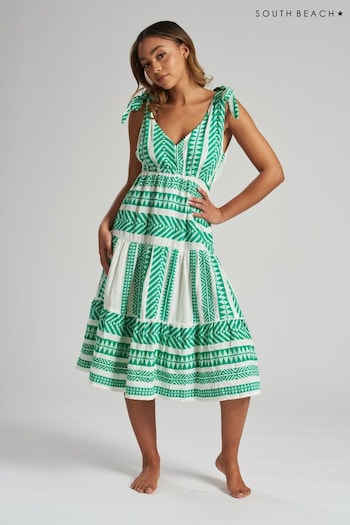 South Beach Green Jacquard Tie Shoulder Summer Dress (K36049) | £40