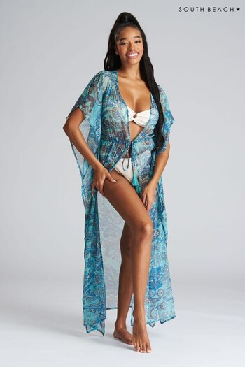 South Beach Blue Paisley Chiffon Maxi Beach Kaftan (K36053) | £30