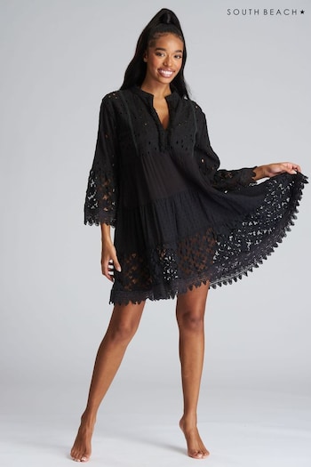 South Beach Black Broiderie Lace Detail Tiered Dress (K36060) | £38