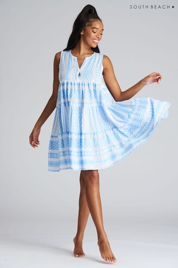 South Beach Blue Jacquard Sleevelsss Summer Dress (K36063) | £40