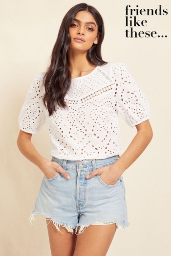 Friends Like These White Short Sleeve Broderie Top (K36243) | £37