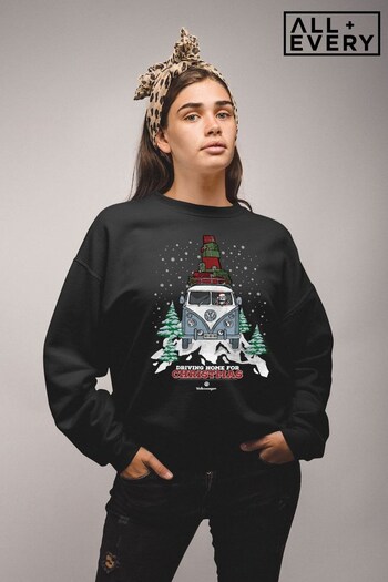All + Every Black Official Volkswagen Christmas Camper White Text Women's Sweatshirt (K36442) | £36