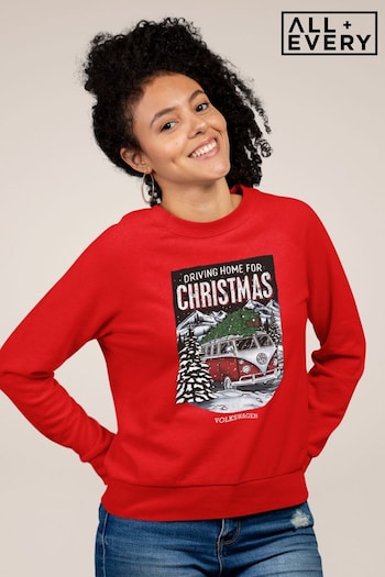 All + Every Fire Red Volkswagen Christmas Snowy Driving Camper Women's Sweatshirt (K36453) | £36
