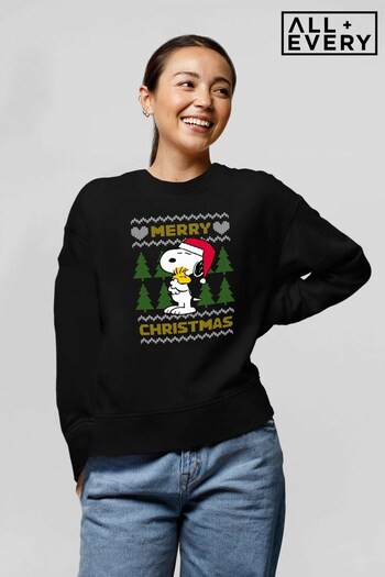All + Every Black Peanuts Snoopy Hugs Merry Christmas Knit Pattern Women's Sweatshirt (K36456) | £36