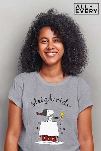 All + Every Grey Marl Peanuts Sleigh Ride Christmas Women's T-Shirt (K36459) | £23