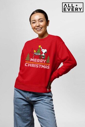 All + Every Fire Red All + Every Christmas Fire Red Peanuts Snoopy And Woodstock Decorating Xmas Tree Women's Sweatshirt (K36460) | £36