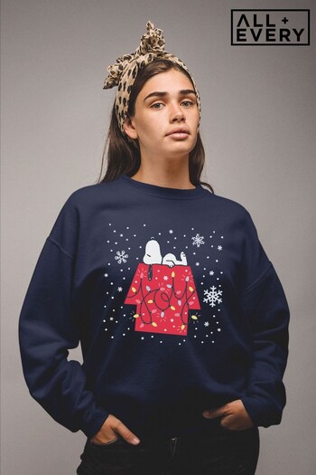 All + Every Oxford Navy Peanuts Christmas Snoopy Festive Lights Snowflakes Women's Sweatshirt (K36467) | £36