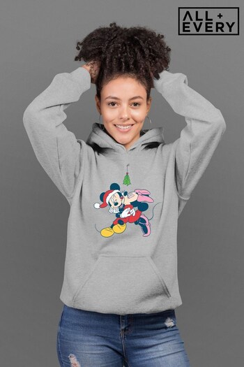 All + Every Heather Grey Disney Christmas Mickey And Minnie Mouse Mistletoe Kiss Women's Hooded Sweatshirt (K36484) | £36