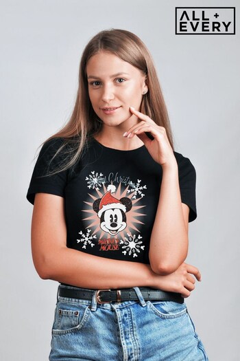 All + Every Deep Black Disney Mickey Mouse Neck Merry Xmas Women's T-Shirt (K36486) | £23