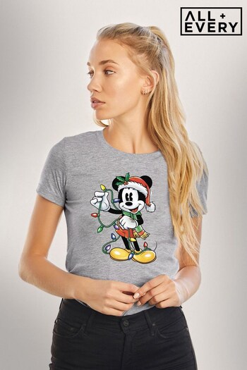 All + Every Grey Marl Disney Koszulka Mickey Mouse Xmas Lights Women's T-Shirt (K36492) | £23