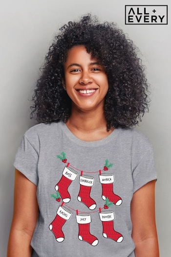 All + Every Grey Marl Friends gold Stockings Women's T-Shirt (K36528) | £23