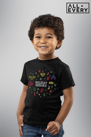 All + Every Deep Black Justice League Christmas Holiday Heroes Kids T-Shirt (K36573) | £18