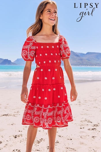 Lipsy Red Broderie Cut Out Puff Sleeve Tiered Dress (K36628) | £28 - £36