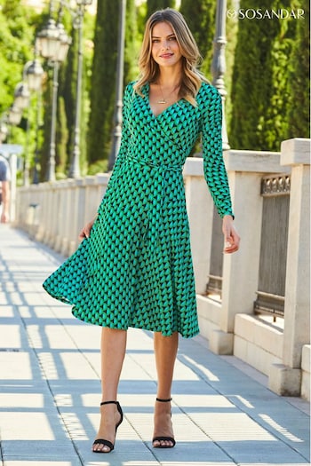 Sosandar Green Wrap Dress With Ruched Sleeve Detail (K36808) | £72