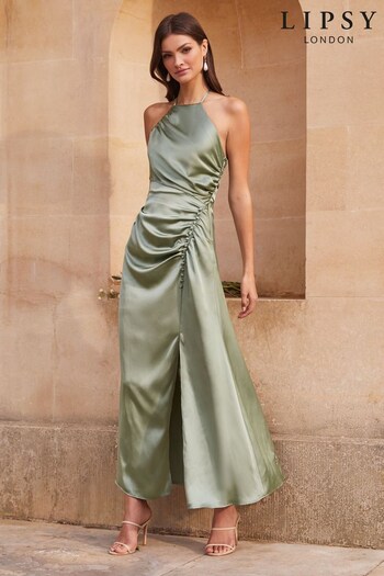 Lipsy Green Ciara Satin Split Halter Bridesmaid Dress (K36921) | £36
