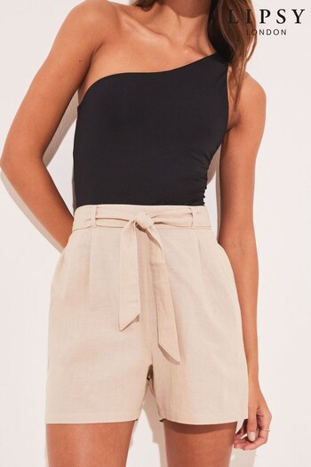Lipsy Camel Linen High Waist Belted Summer Shorts (K36928) | £28