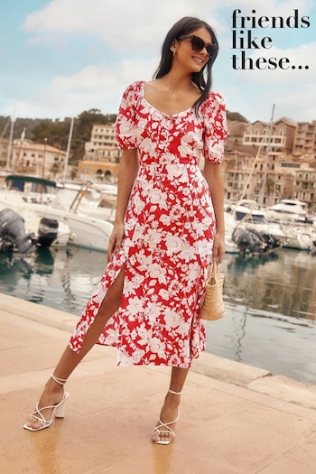 Friends Like These Red Printed Sweetheart Puff Sleeve Summer Midi Dress (K37155) | £39