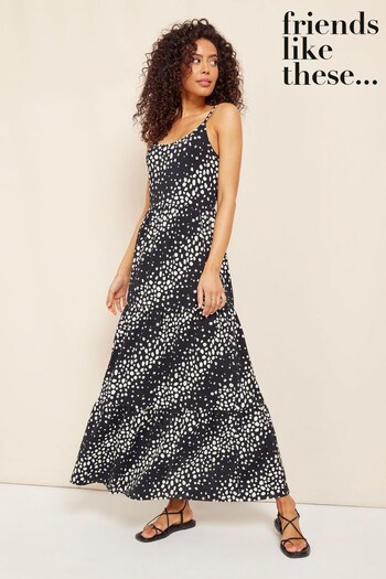 Friends Like These Black Spot Strappy Tiered Scoop Neck Summer Maxi Dress (K37157) | £34