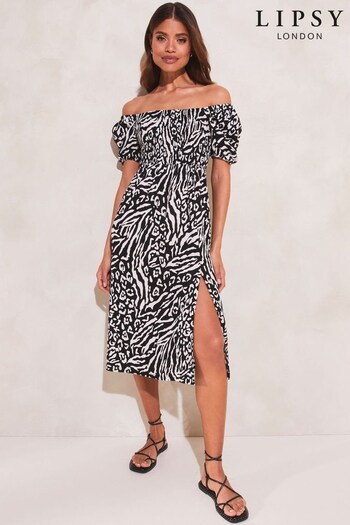 Lipsy Black/White Jersey Shirred Patterned Midi Dress (K37194) | £39