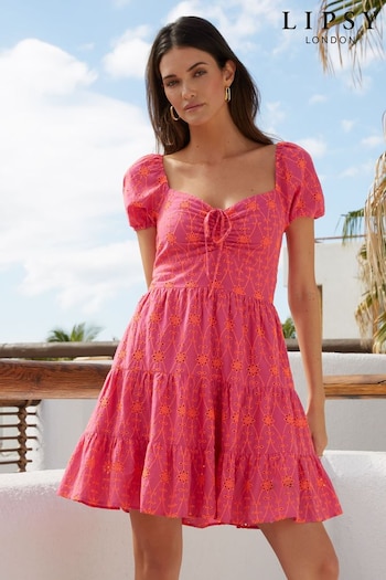 Lipsy Pink Broderie Ruched Sweatheart Puff Sleeve Tiered Mini Dress (K37218) | £45