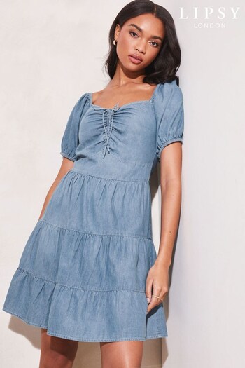 Lipsy Blue Chambray Ruched Sweatheart Puff Sleeve Tiered Mini Dress (K37219) | £45