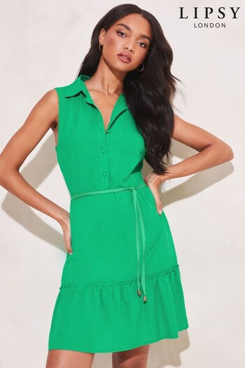 Lipsy Green Sleeveless Tiered Belted Shirt Dress (K37221) | £26