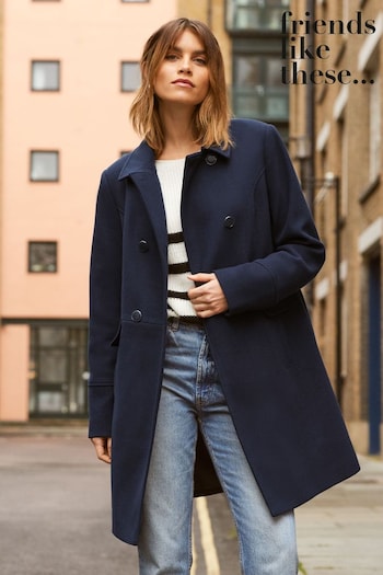 Friends Like These Navy Blue Longline Double Breast Button Dolly Coat (K37232) | £74