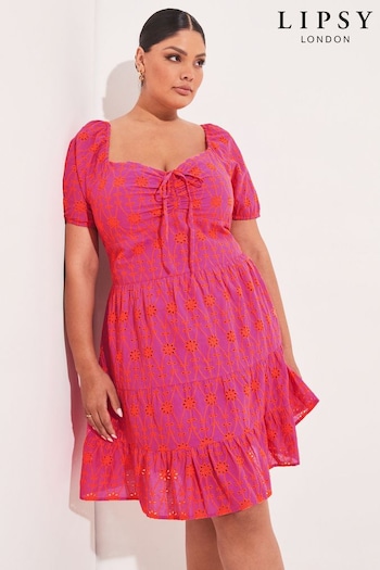 Lipsy Pink Curve Ruched Sweatheart Puff Sleeve Tiered Mini Dress (K37274) | £44