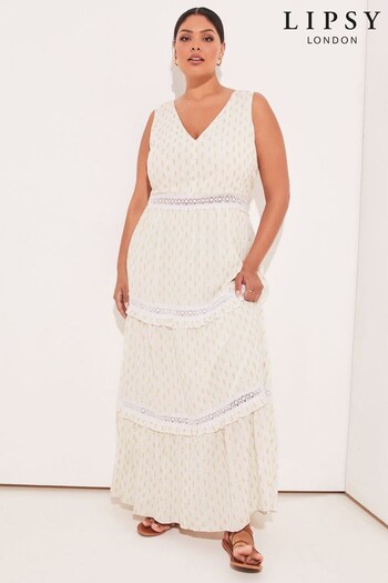 Lipsy Ivory White Curve Foil Printed Metallic V Neck Crochet Lace Trim Maxi Dress (K37275) | £58