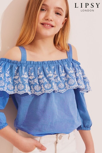 Lipsy Blue Cold Shoulder Ruffle Broderie Top (K37281) | £18 - £24