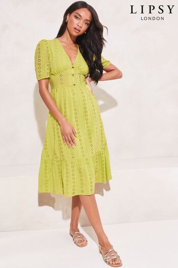 Lipsy Green Broderie V Neck Puff Sleeve Midi Summer Dress (K37304) | £54