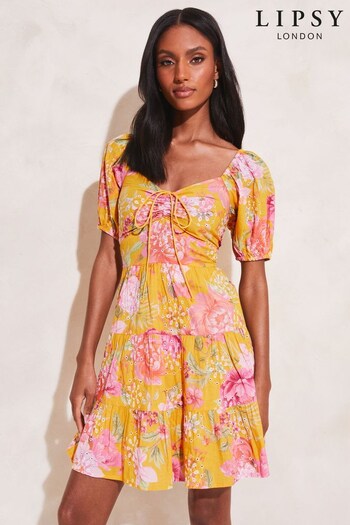 Lipsy Yellow Floral Broderie Ruched Sweatheart Puff Sleeve Tiered Mini Dress (K37306) | £44