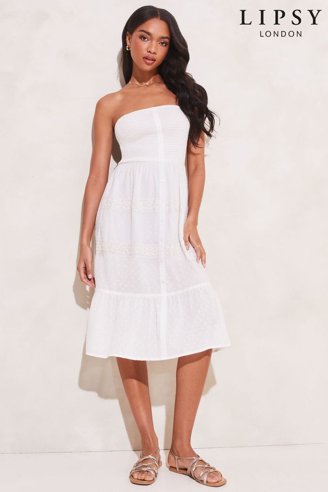 Lipsy White Bandeau Shirred Ruffle Tiered Dress (K37348) | £49