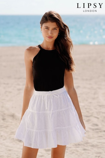 Lipsy Ivory White Broderie Tie Front Tiered Skirt (K37352) | £16