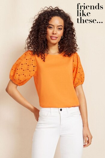 Friends Like These Orange Broderie Puff Sleeve Round Neck Top (K37466) | £24