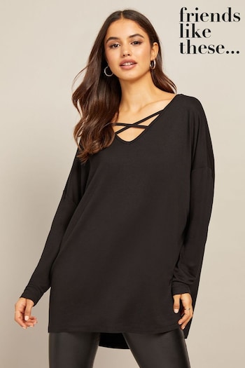 Friends Like These Neutral/Black Soft Jersey V Neck Long Sleeve Tunic Top (K37473) | £23