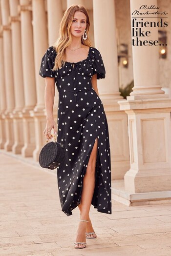 Friends Like These Black Printed Sweetheart Puff Sleeve Summer Midi Dress (K37478) | £39